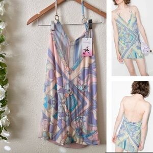 OCEANUS Pastel Colorful Halter neck Beach Ibiza Louise Mesh Sequin Mini Dress